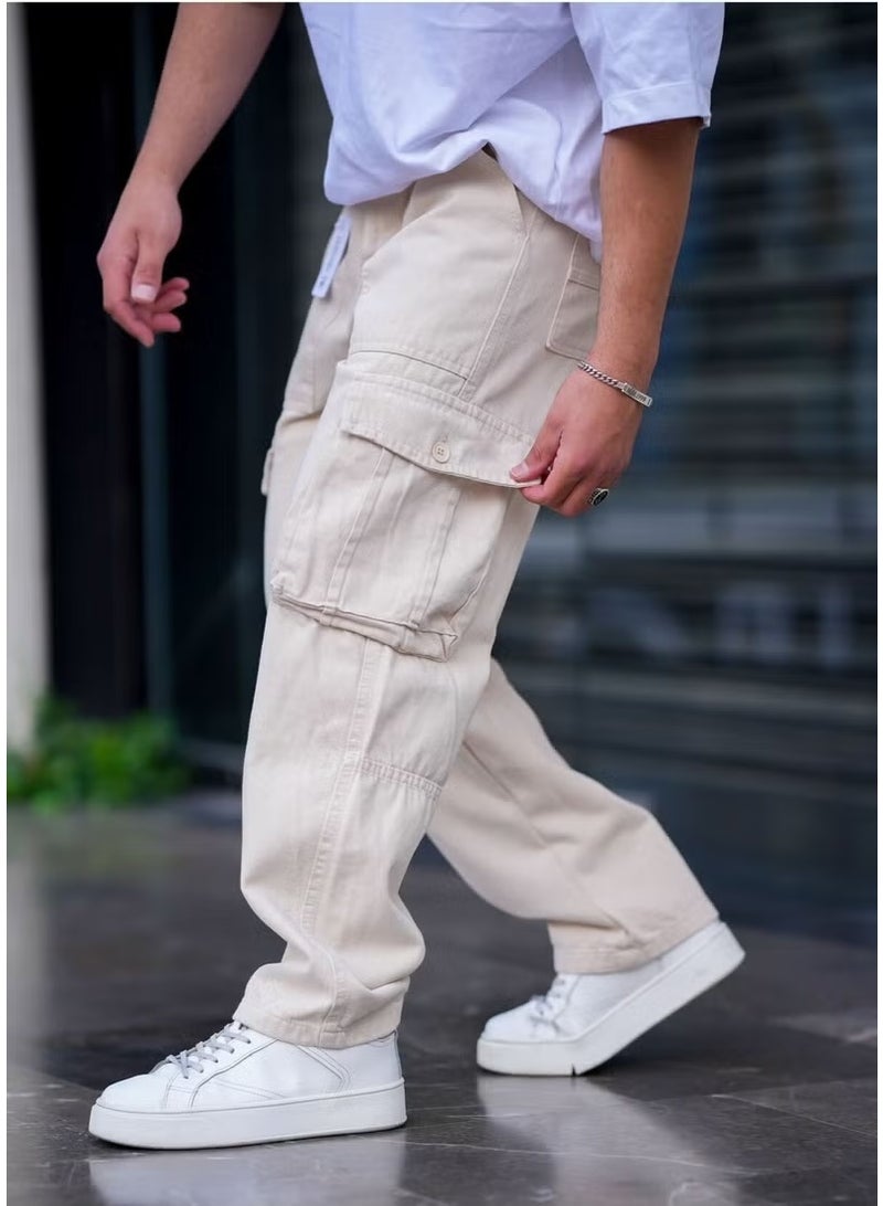 Cool Tarz Cool Style Men's Cargo Pocket Baggy Pants Cream Color - Image 2